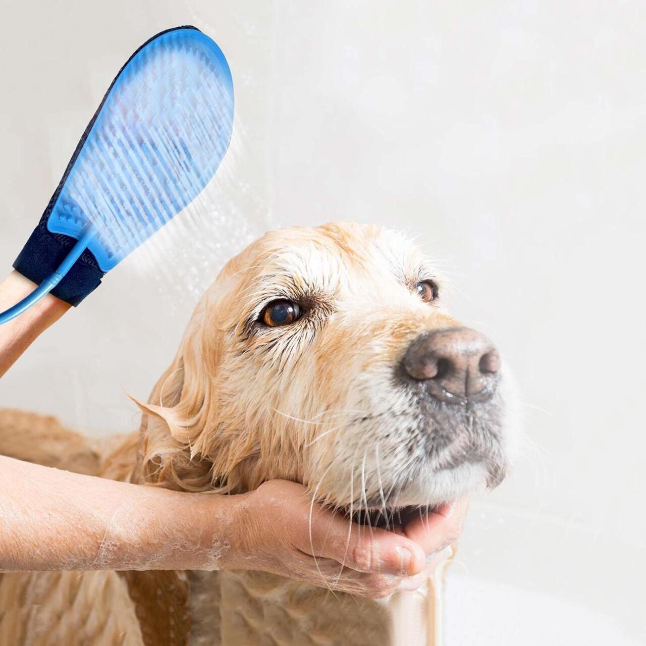 Guante de Baño y Cepillado para Mascotas con Manguera – Limpieza Profunda y Masaje Antiestrés